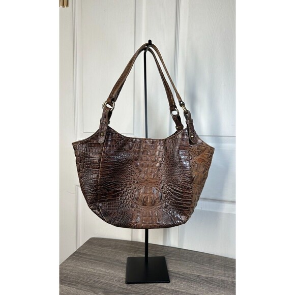 Brahmin Jacqueline Satchel Pecan Croc Embossed Leather Handbag Suede Lined - Picture 7 of 10